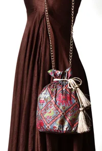 Estaa Blue & Multi Silk Patola Print Potli With Tassels image 1