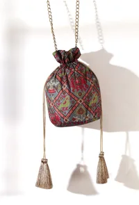 Estaa Blue & Multi Silk Patola Print Potli With Tassels image 2