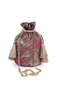 Estaa Blue & Multi Silk Patola Print Potli With Tassels image 3