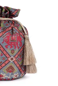 Estaa Blue & Multi Silk Patola Print Potli With Tassels image 5