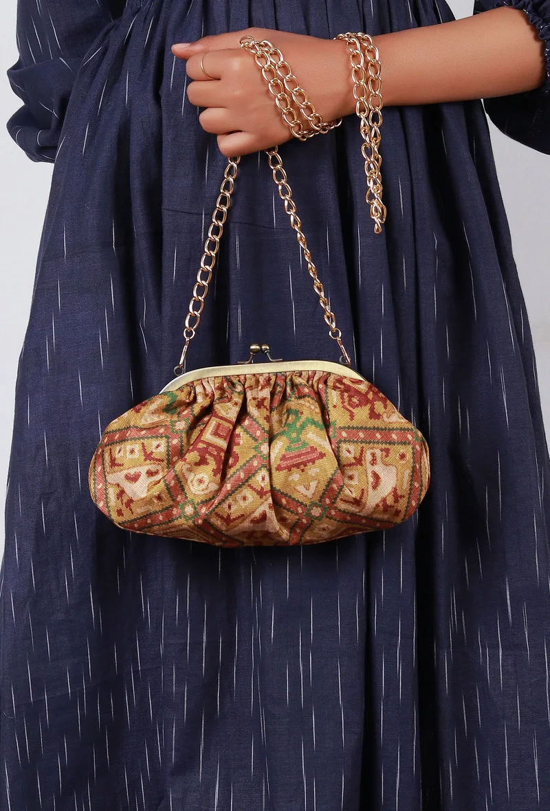 Golden & Multi Silk Patola Print Gathered Clutch