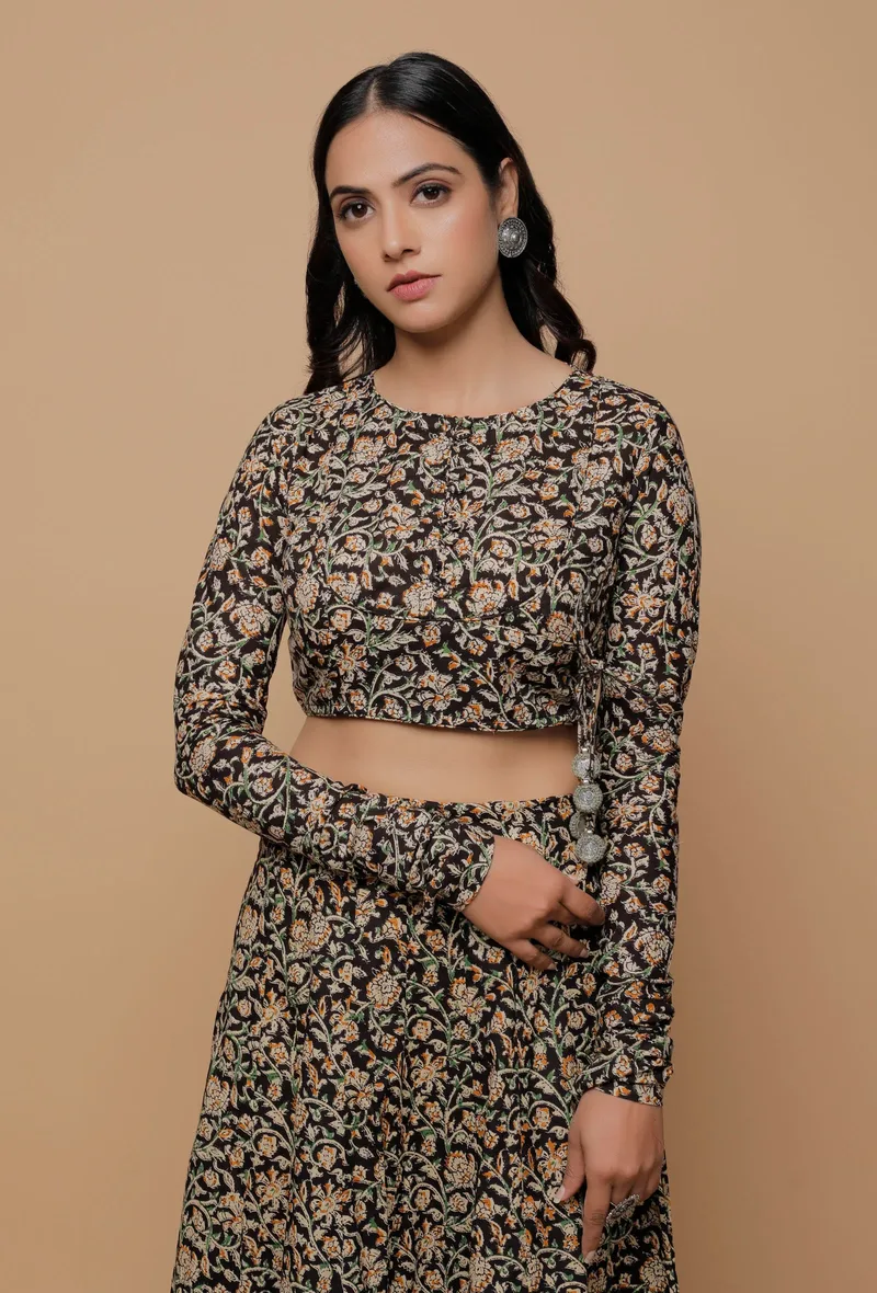 Black Kalamkari Printed Round Neck Full Sleeves Tasseled Blouse