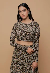 Black Kalamkari Printed Round Neck Full Sleeves Tasseled Blouse image 1