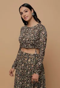 Black Kalamkari Printed Round Neck Full Sleeves Tasseled Blouse image 3