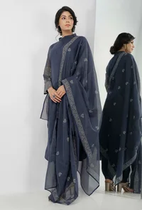 Set of 3: Aegean Blue Floral Hand-Block Printed Mandraine Collar Kota Kurta with Plain Salwar and Aegean Blue Hand-Block Printed Kota Dupatta image 2