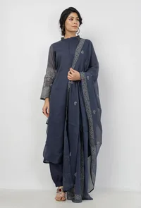 Set of 3: Aegean Blue Floral Hand-Block Printed Mandraine Collar Kota Kurta with Plain Salwar and Aegean Blue Hand-Block Printed Kota Dupatta image 3