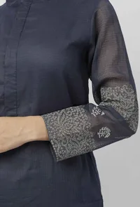 Set of 3: Aegean Blue Floral Hand-Block Printed Mandraine Collar Kota Kurta with Plain Salwar and Aegean Blue Hand-Block Printed Kota Dupatta image 6