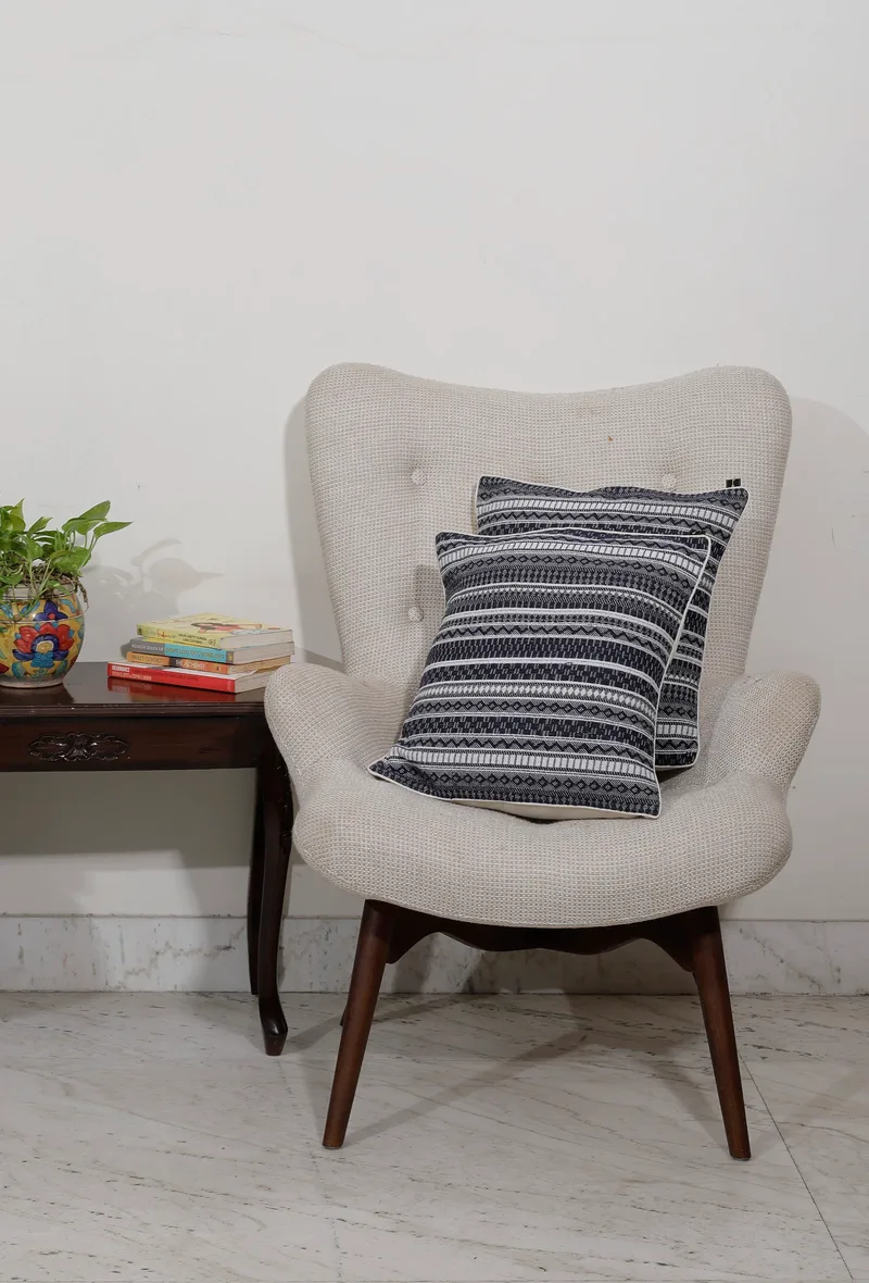 Set of 2: Black and White Stripes Handcrafted Jacquard Cushion Covers