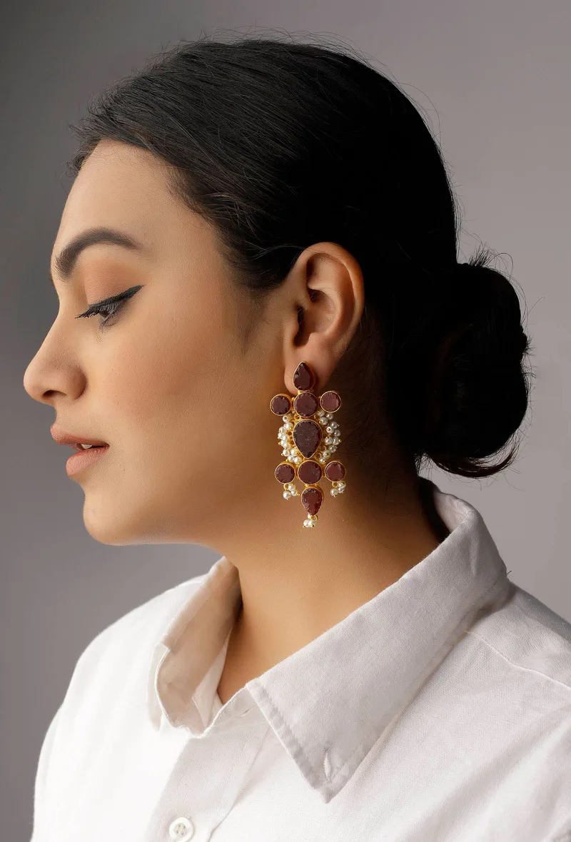 Scarlet Red Gold Stone Pearl Earrings
