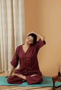 Set Of 2: Mulmul Cotton Plum Button Down Shirt And Ruched Pants image 1