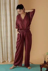 Set Of 2: Mulmul Cotton Plum Button Down Shirt And Ruched Pants image 3