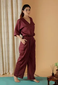 Set Of 2: Mulmul Cotton Plum Button Down Shirt And Ruched Pants image 4