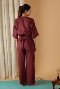Set Of 2: Mulmul Cotton Plum Button Down Shirt And Ruched Pants image 5