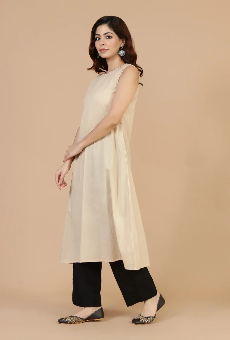 Beige Ivory Sleeveless Cotton Slip Kurta