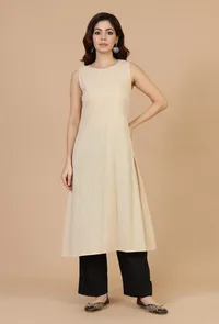 Beige Ivory Sleeveless Cotton Slip Kurta image 2