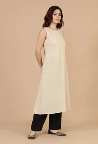 Beige Ivory Sleeveless Cotton Slip Kurta image 3