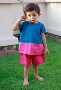 Set Of 2: Cotton Candy Blue And Pink Cotton Shirt With Pink Short image 1