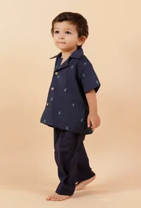 Set Of 2:Oxford Blue Cotton Shirt With Oxford Blue Woven Buti Pant image 2