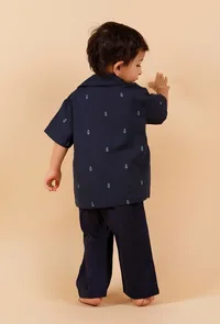 Set Of 2:Oxford Blue Cotton Shirt With Oxford Blue Woven Buti Pant image 4