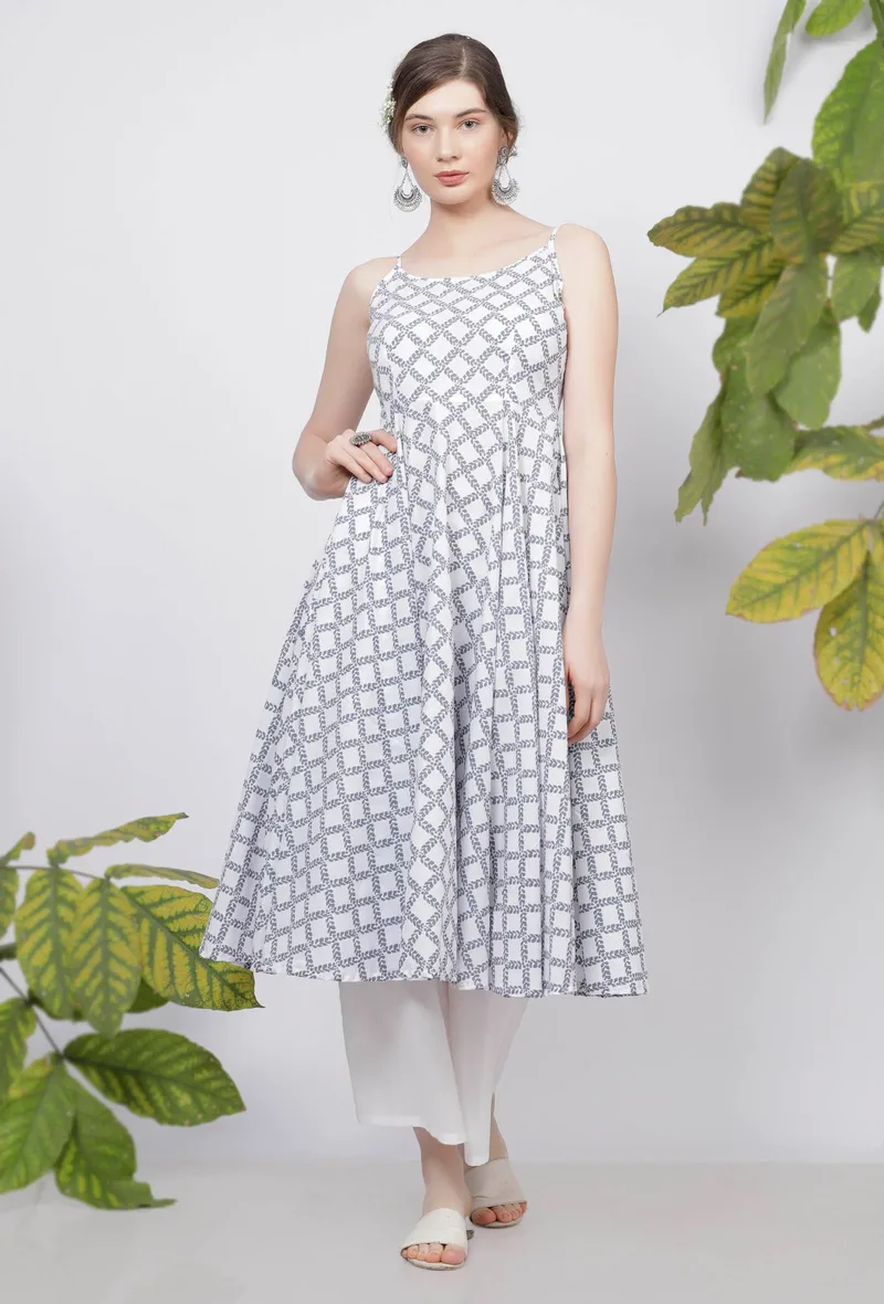 Powder Blue Criss Cross Hand-Block Printed Cotton Gathered Kurta