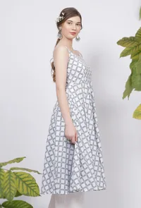 Powder Blue Criss Cross Hand-Block Printed Cotton Gathered Kurta image 2