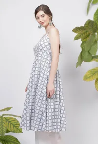 Powder Blue Criss Cross Hand-Block Printed Cotton Gathered Kurta image 3