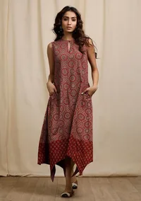 Red Ajrakh Print Sleeveless Asymmetrical Dress image 1