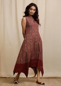 Red Ajrakh Print Sleeveless Asymmetrical Dress image 2