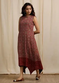Red Ajrakh Print Sleeveless Asymmetrical Dress image 3