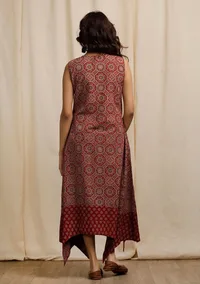 Red Ajrakh Print Sleeveless Asymmetrical Dress image 4