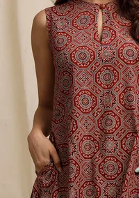 Red Ajrakh Print Sleeveless Asymmetrical Dress image 5