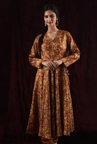 Mustard Viscose Tussar Silk Patola Flared Angrakha Kurta image 1