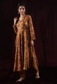 Mustard Viscose Tussar Silk Patola Flared Angrakha Kurta image 2