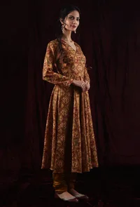 Mustard Viscose Tussar Silk Patola Flared Angrakha Kurta image 3