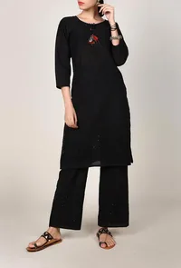Black Chikankari Kurta With Tassel image 1