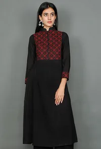 Black Kurta With Red Kantha Embroidery image 1