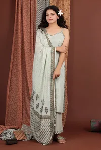 Set Of 3: Zoyaa Tea Green Hand Block Printed Mulmul Kurta, Palazzo & Dupatta image 1