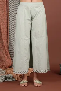 Set Of 3: Zoyaa Tea Green Hand Block Printed Mulmul Kurta, Palazzo & Dupatta image 5