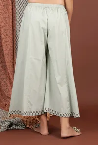 Set Of 3: Zoyaa Tea Green Hand Block Printed Mulmul Kurta, Palazzo & Dupatta image 6