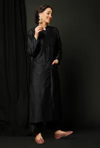 Set of 2 : Black Raw Silk Achkan and Black Pants image 2