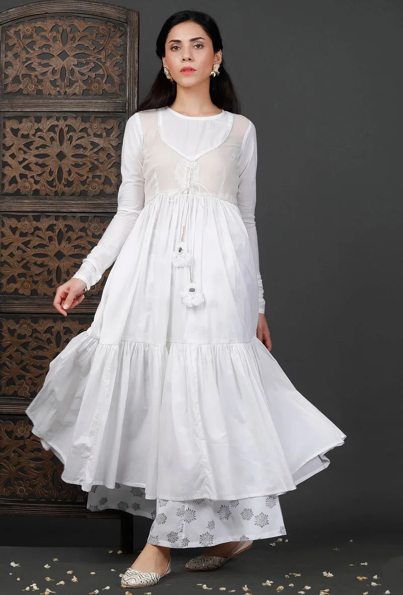 White Embroidered Gathered Kurta