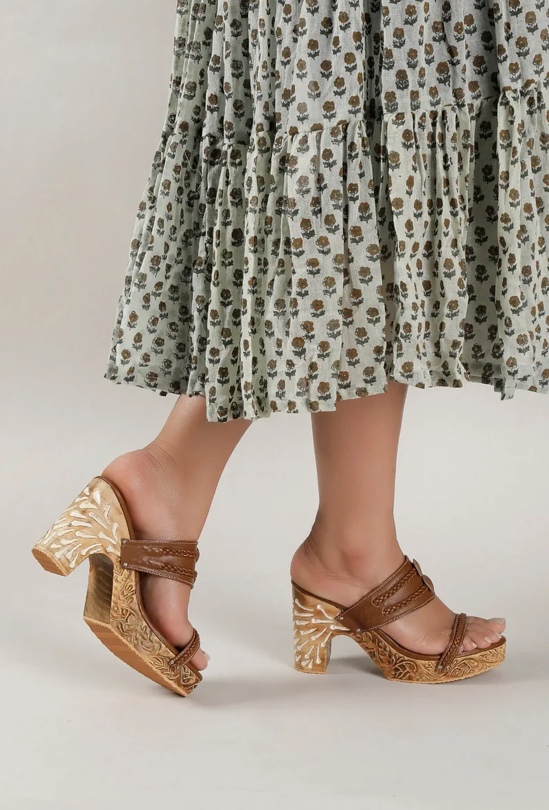 Tawny Brown Wooden Carved Braided Block Heels