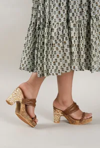 Tawny Brown Wooden Carved Braided Block Heels image 1