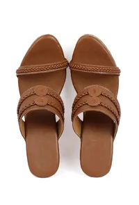 Tawny Brown Wooden Carved Braided Block Heels image 2