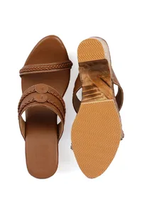 Tawny Brown Wooden Carved Braided Block Heels image 3