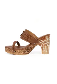 Tawny Brown Wooden Carved Braided Block Heels image 4