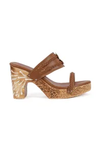 Tawny Brown Wooden Carved Braided Block Heels image 5