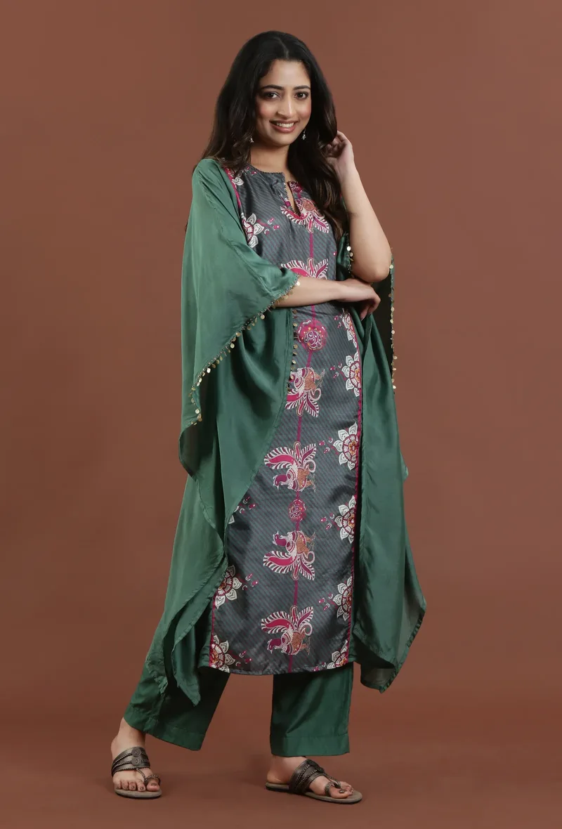 Set of 2: Emerald Green Kalamkari Printed Muslin Silk Kaftan with Straight Pant Set