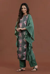 Set of 2: Emerald Green Kalamkari Printed Muslin Silk Kaftan with Straight Pant Set image 2