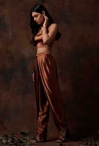 Set of 2 : Russet Brown Satin Slip Blouse and Dhoti image 2